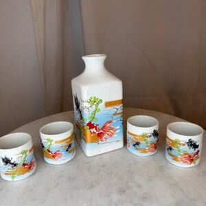 Japanese Sake Set Goldfish Design Ceramic Carafe with 4 Cups‎